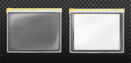 Plastic zip bags set, empty sealed pouch pocket with yellow ziplock and white blank sheet isolated on transparent background. Waterproof envelope mock up. Realistic 3d vector illustration, clip artのイラスト素材