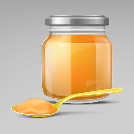 Baby food jar and plastic spoon with puree, glass bottle with cap isolated on grey background mock up design. Blank preserve tube for child nutrition mockup. Realistic 3d vector illustration, clip artのイラスト素材
