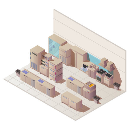 Empty isometric interior of restaurant kitchen. Vector flat illustration with sink, fridge and other cuisine equipment for professional cooking food in cafe, hotel, canteenのイラスト素材