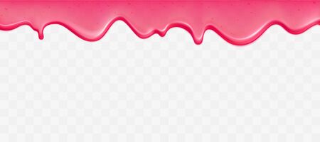 Dripping glossy pink slime with air bubbles isolated on transparent background. Border of flowing sticky sweet goo. Template of cream, jelly or caramel glaze for cake or donut.のイラスト素材
