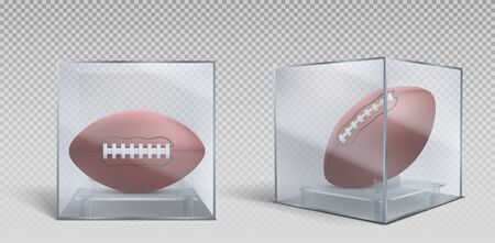 Rugby ball in clear glass or plastic box case front and side view. Realistic sport game award or trophy in american football tournament. Sport museum exhibit isolated on transparent backgroundのイラスト素材