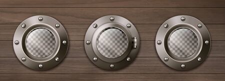 Transparent ship portholes on wooden wall. Vector realistic background of shipboard interior with metal brass round windows illuminators with rivetsのイラスト素材