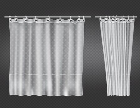 White clear shower curtains with flowers pattern isolated on transparent background. Vector realistic mock up of open and closed blank draped bathroom curtains hanging on plastic rings and metal rodのイラスト素材