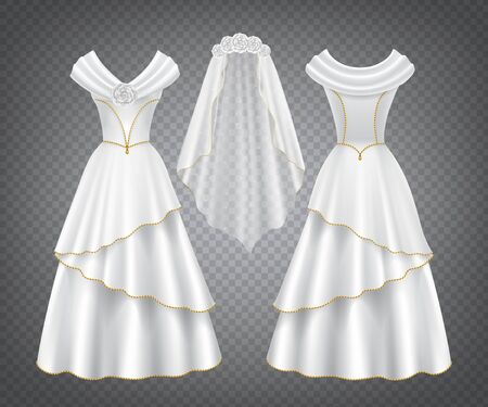 White wedding woman dress with tulle veil decorated by flowers and golden stitching. Vector elegant bridal silk gown with long skirt in front and back view isolated on transparent backgroundのイラスト素材