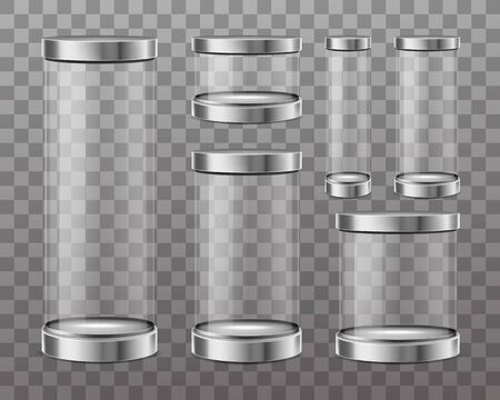 Empty cylinder capsule, clear showcase isolated on transparent background. Vector mockup of round boxes different sizes with steel caps, blank circle stand for exhibition in gallery, museumのイラスト素材