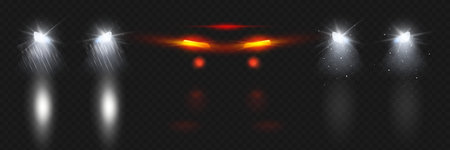 Car headlights shining in snow and rain with reflection on wet road at night. Vector realistic set...