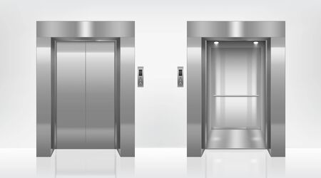 Open and closed elevator doors in office hallway. Vector realistic empty lobby interior with lift and metal panel with buttons and floor display on wallのイラスト素材