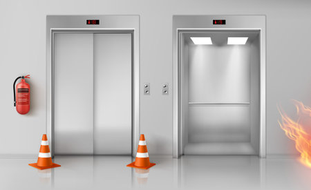 Fire in office hallway with open and closed elevator doors, red extinguisher on wall and traffic...