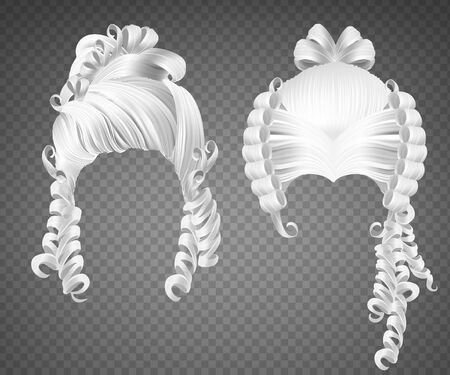 White curly girl wig, women rococo hairstyle. Vector set of realistic vintage princess hairstyle with long curls for wedding or carnival isolated on transparent backgroundのイラスト素材