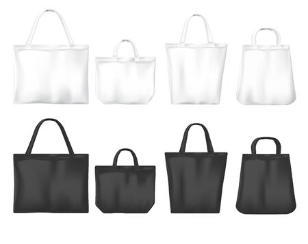 Tote canvas bags for shopping. Vector mockup of realistic white and black reusable cotton ecobags different shapes isolated on white background. Eco friendly fabric accessory for market or travelのイラスト素材