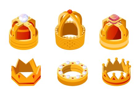 Isometric golden crowns with gems for king or queen set isolated on white background. Crowning headdress for Monarch. Royal gold monarchy medieval coronation imperial symbol, 3d vector illustrationのイラスト素材