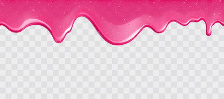 Dripping glossy pink slime with glitter isolated on transparent background. Border of shiny flowing sticky sweet goo. Vector template of cream, jelly or caramel glaze for cake or donut.のイラスト素材