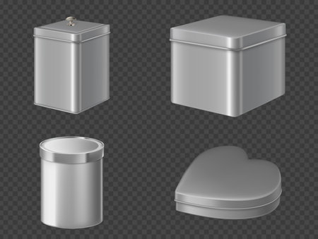 Metal tin boxes for tea, sugar or candies. Vector realistic mockup of round, square and heart shape cans closed by lid for packaging dry products, coffee and sweets isolated on transparent backgroundのイラスト素材