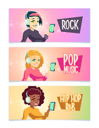 Female music lower cartoon vector banners set with brunette, blond caucasian and curly african american women listening rock, pop, hip hop and R B music with headphones and cellphone illustrationのイラスト素材