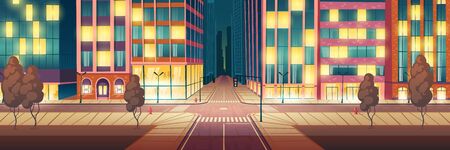 Night metropolis illuminated, empty street cartoon vector background with skyscrapers, stores and cafes glowing showcases, city road crossing with crosswalk and traffic lights, sidewalk illustrationのイラスト素材