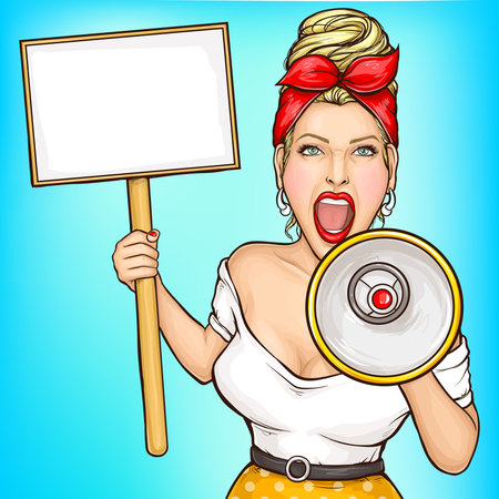 Shop sale pop art vector banner template with blond woman screaming in loudspeaker, holding signboard, placard on stick, advertising something, attracting attention to problem, news. Female protesterのイラスト素材