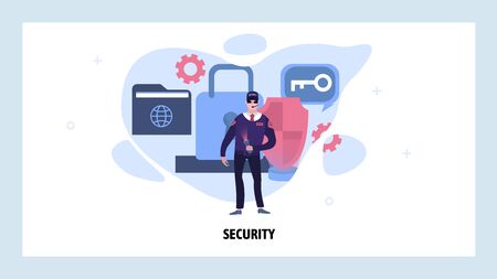Security guard protect data and privacy. Secure access and cyber safety. Vector web site design template. Landing page website concept illustration.のイラスト素材