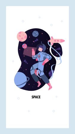 Astronaut in outer space. Spaceship travel in universe with planets and stars around. Fantastic book cover. Vector web site design template. Landing page website concept illustration.のイラスト素材