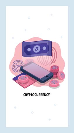 Cryptocurrency and blockchain technology concept. Exchange fiat money to bitcoin using mobile phone. Secure digital payment. Vector website design template. Landing page website concept illustrationのイラスト素材
