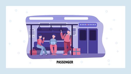 Subway underground train interior with passengers. People commute in city metro. Vector website design template. Landing page website concept illustrationのイラスト素材