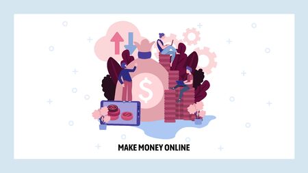 Make money online concept. People work in computer technology business to earn money. Vector web site design template. Landing page website concept illustration.のイラスト素材
