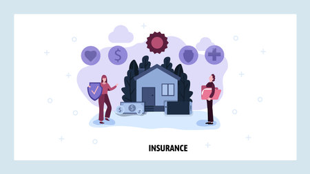 House insurance concept. Life, medical insurance plan. Protect your home. Vector web site design template. Landing page website concept illustration.のイラスト素材