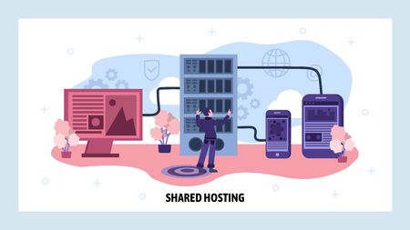 Data center and web hosting concept. Engineer install server software. Cloud data storage. Vector web site design template. Landing page website concept illustrationのイラスト素材