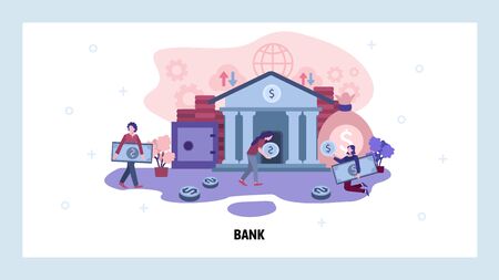 People save money in bank. Online banking and finance services. Bank building. Vector web design template. Landing page website concept illustrationのイラスト素材