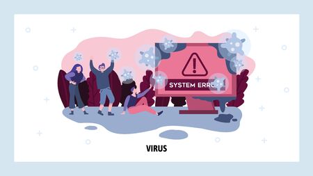 Computer virus warning alert. Error message. Cyber security and system crash. Vector web design template. Landing page website concept illustration.のイラスト素材