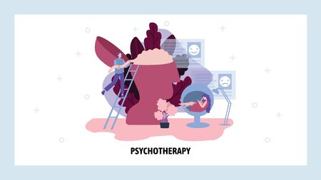 Psychotherapy doctor helps female patient with her problems. Mental disorder, human brain, mind health. Vector web site design template. Landing page website concept illustrationのイラスト素材