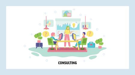 Business meeting and conference. Teamwork in office, business presentation and consulting. Consulting, coaching and training. Vector web site design template. Landing page website illustrationのイラスト素材