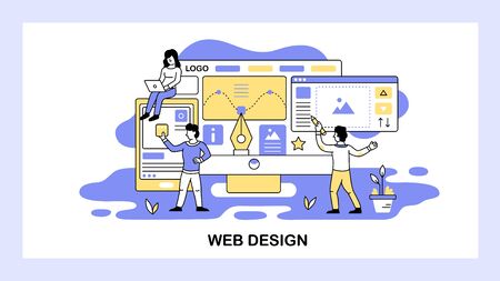 Team of designers develop new project. Web design and digital graphic concept. Drawing, logo, wireframe. Vector web site design template. Landing page website illustration.のイラスト素材