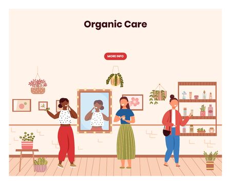 Organic cosmetic shop. Beauty spa salon. Woman try cosmetics in store. Concept illustration. Vector web site design template. Landing page website illustrationのイラスト素材