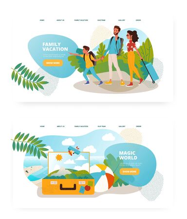 Family travel concept illustration. Vacation with kids, travel bag. Vector web site design template. Landing page website illustrationのイラスト素材