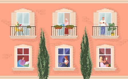 Building facade with windows and people living inside. Men and women reading, drink morning coffee, exercise, watering plants. Concept of neighbors in quarantine. Vector illustrationのイラスト素材