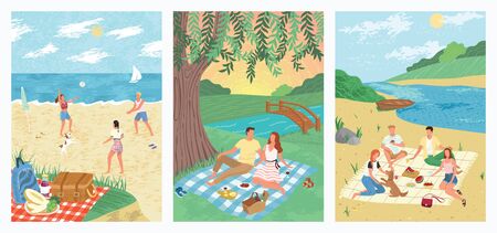 Summer sea vacation on tropical beach holiday concept vector illustration. People play volleyball on sand. Couple drink wine and watch sunset in a park. Friends at picnic, outdoor activityのイラスト素材