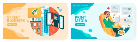 Man looks outside window and see city advertising billboard. Newspaper sale ads, print media marketing and advertisement. Concept illustration. Vector web site design template. Landing page websiteのイラスト素材