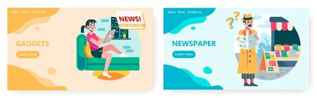 Girl reading news on digital gadget at home. Man at newsstand reading morning newspaper. Business news concept illustration. Vector web site design template. Landing page website illustration.のイラスト素材