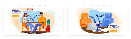 Live streaming, broadcast. Podcast concept illustration. Vector web site design template. Blogger online interview in studioのイラスト素材