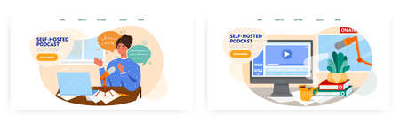 Live streaming, broadcast. Podcast concept illustration. Vector web site design template. Woman blogger, online stream record in studio.のイラスト素材