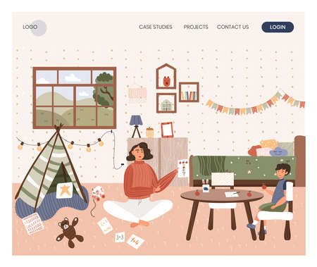 Woman teach her son mental arithmetic using cards. Home school concept illustration. Vector web site design template. Mother play with kid at homeのイラスト素材