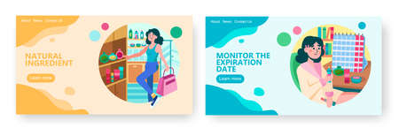 Woman buys natural organic cosmetic in beauty store. Cosmetic shop concept illustration. Vector web site design template. Landing page website illustrationのイラスト素材