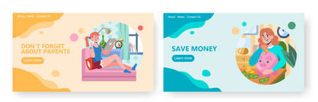 Woman with tablet sit on couch at home. Girl put coin in piggy money box. Money saving concept illustration. Vector web site design templateのイラスト素材