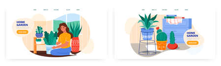 Girl taking care of house plants growing in pots. Houseplants and home garden concept illustration. Vector web site design template. Interior with cactus and green plantsのイラスト素材