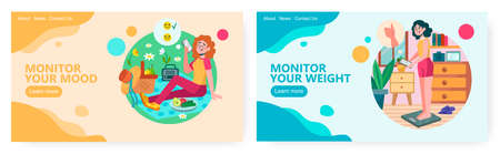 Woman check her weight on a scale and write down results. Woman talk by phone while on picnic in a park. Concept illustration. Vector web site design templateのイラスト素材