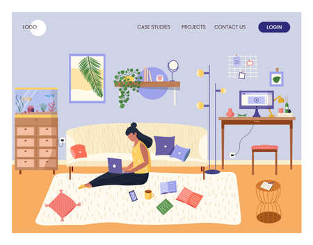 Woman sitting on a floor with laptop in cozy interior. Home office concept illustration. Vector web site design template. Girl working at homeのイラスト素材