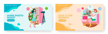 Pregnant woman taking photo of herself. Pregnancy test, happy memories. Concept illustration. Vector web site design templateのイラスト素材
