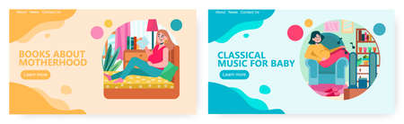 Pregnant woman reading book about motherhood. Pregnant girl listening classical music for unborn baby. Pregnancy concept illustration. Vector web site design templateのイラスト素材