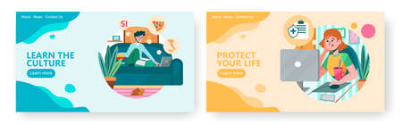 Man plans his trip to Europe and learn about new country. Woman buys health insurance online. Concept illustration. Vector web site design templateのイラスト素材