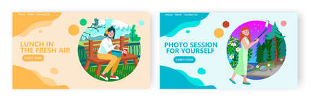 Girl having lunch break and eating noodles on a bench in park. Woman taking selfie photo with nature landscape. Travel concept illustration. Vector web site design templateのイラスト素材